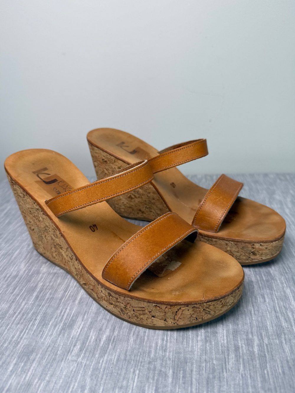 K Jacques St Tropez Cork Wedge Sandals Tan Leather Sz 9/40